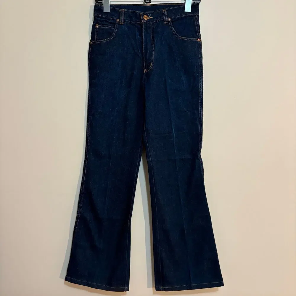Vintage 70s Wrangler Flare Jeans 29 Long Dark Wash Indigo High Rise Bell Bottom